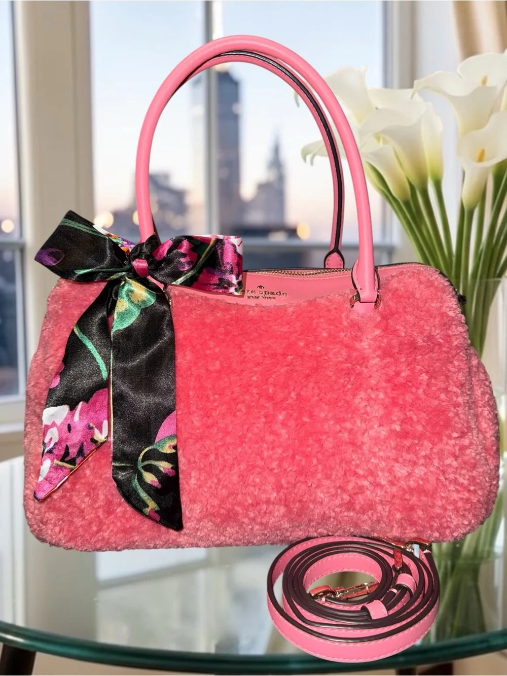 ❌Sold❌Kate Spade Mimi Faux Fur Satchel in the striking Pomegranate / Bright Blus